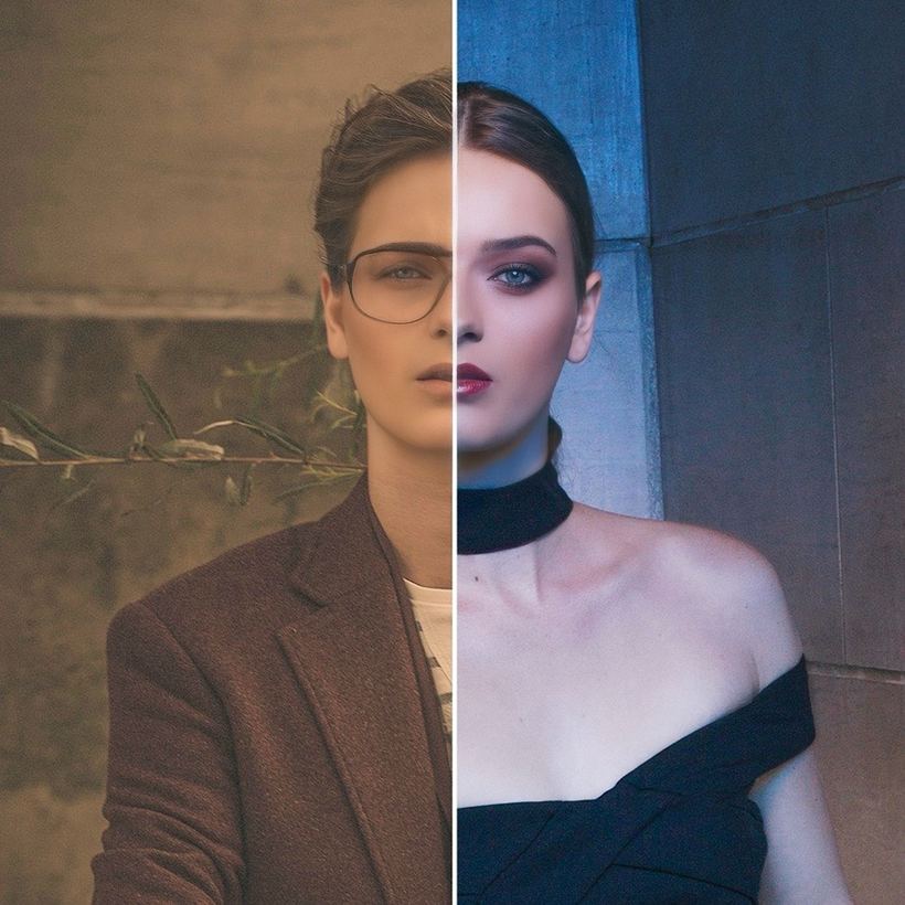 Split-frame conceptual portrait pairing two contrasting looks and colour grades